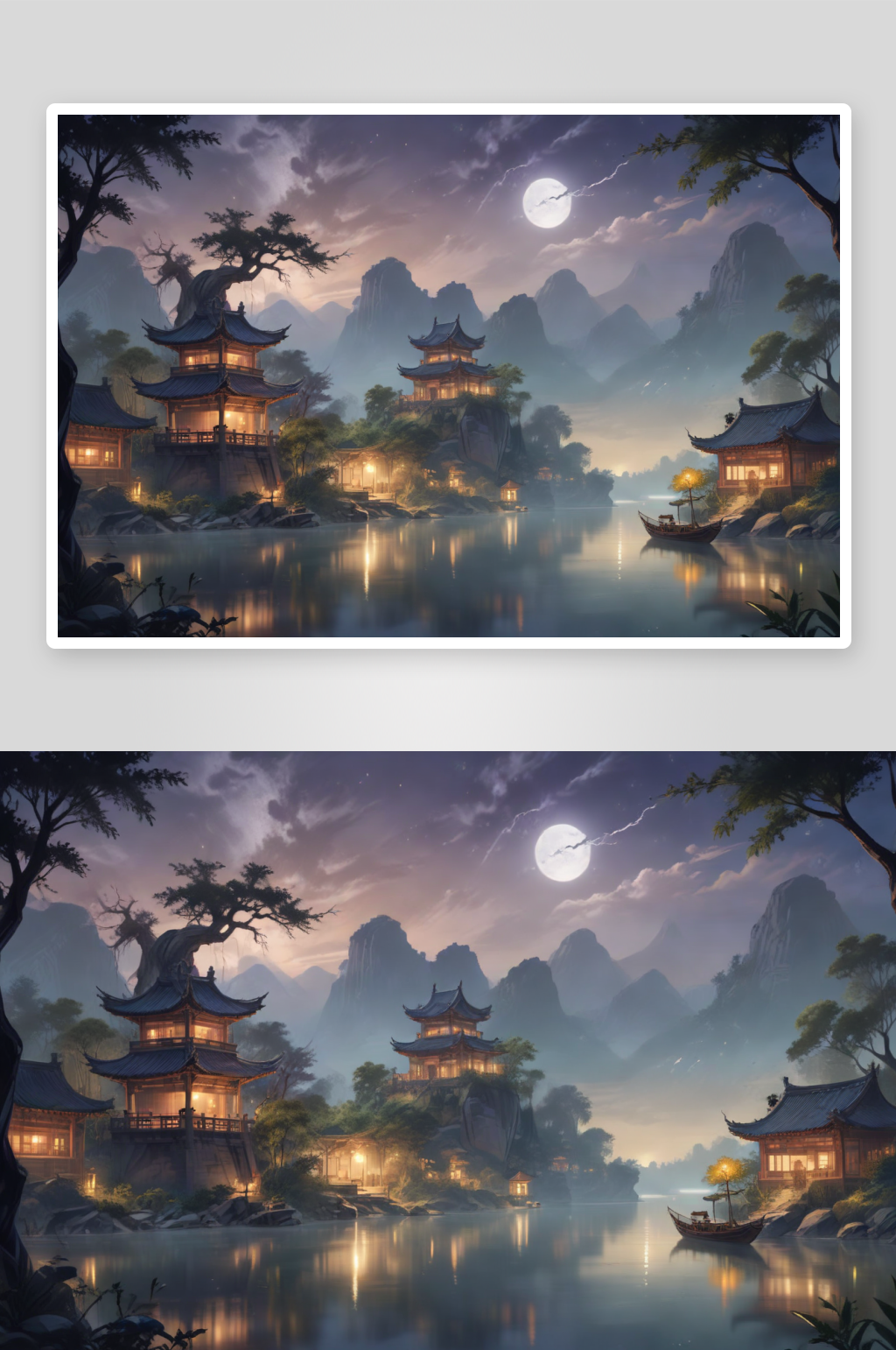 夜晚河流倒映着古建筑的壮丽素材