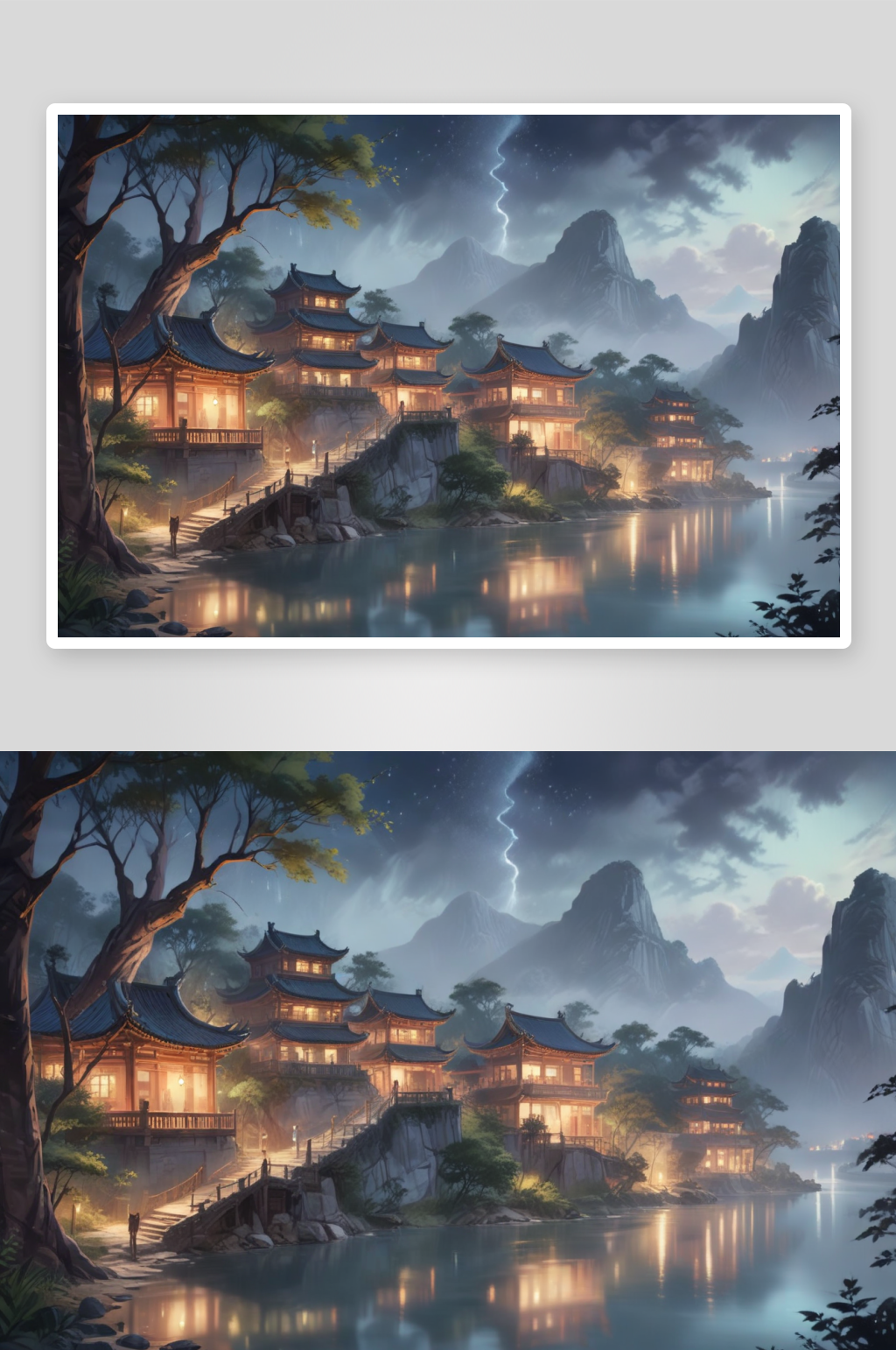 夜晚河流与古建筑交相辉映的景象素材