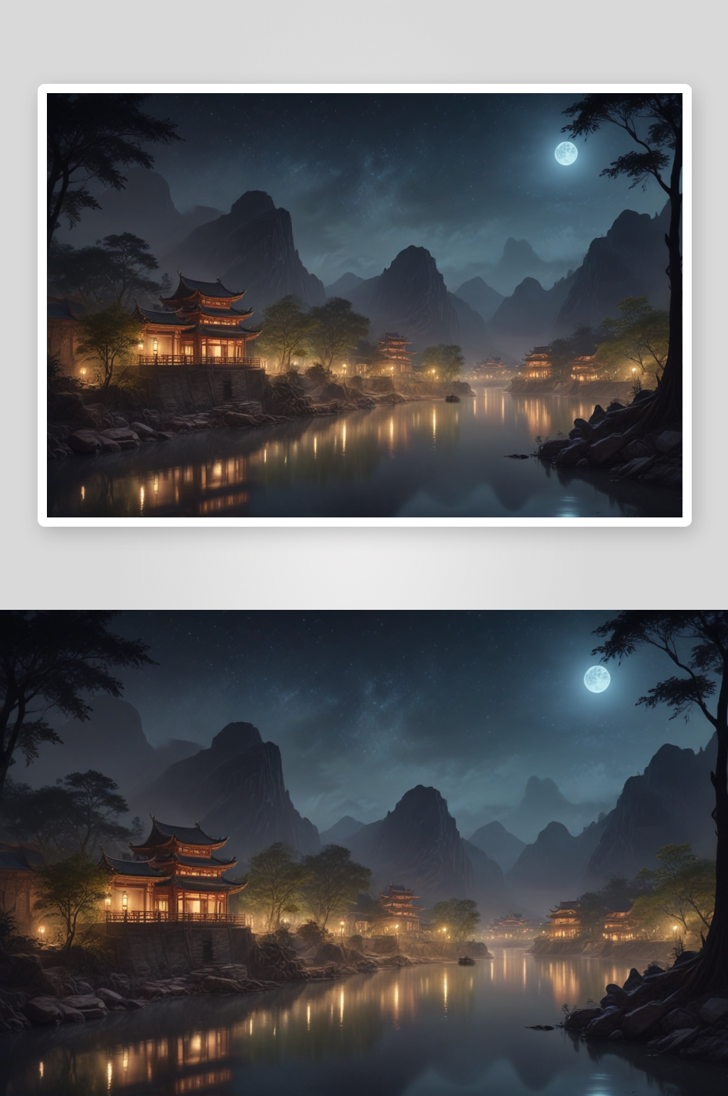 夜晚河流映衬着古建筑的优雅素材