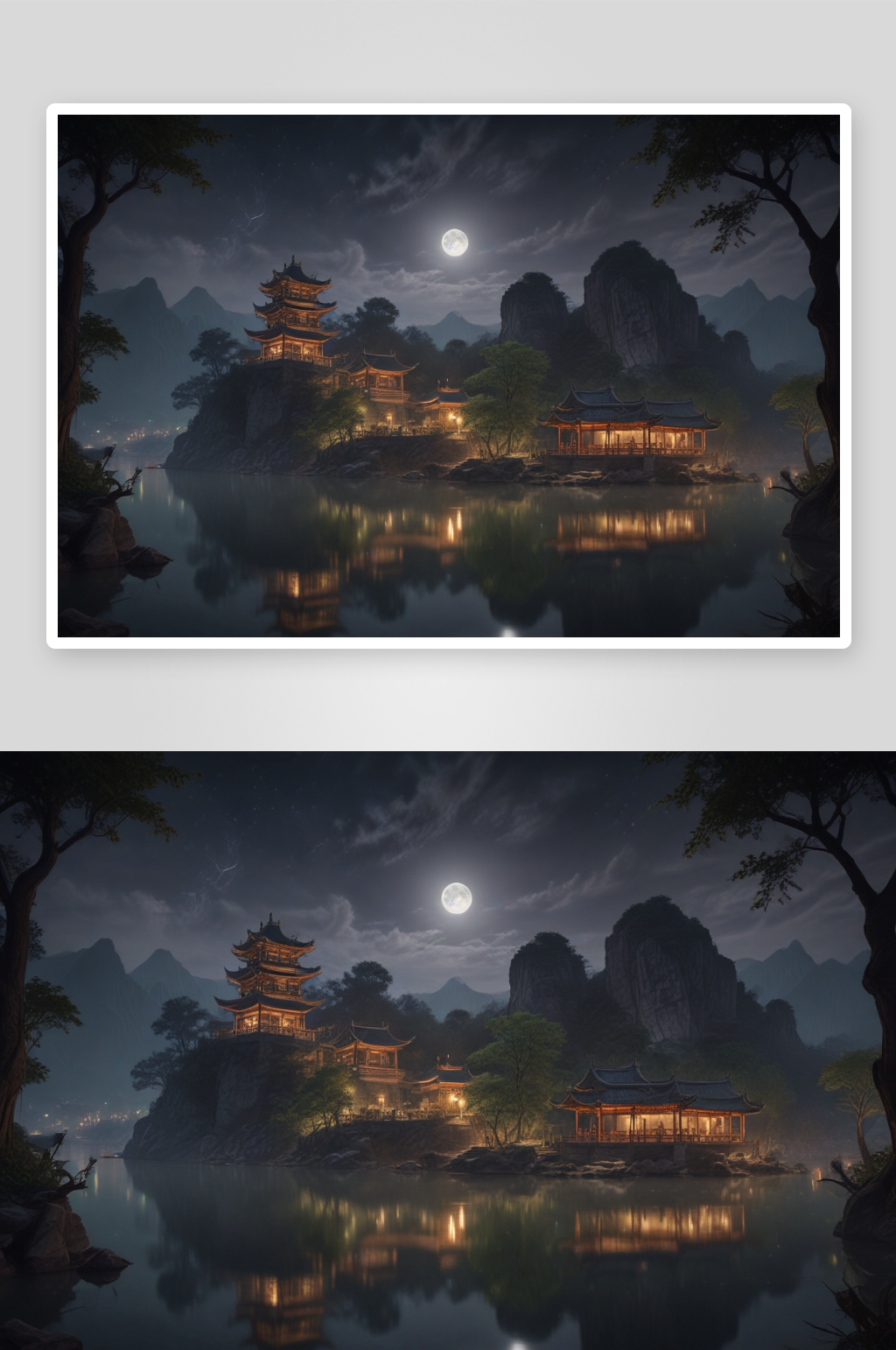夜晚的河流与古建筑的奇妙组合素材