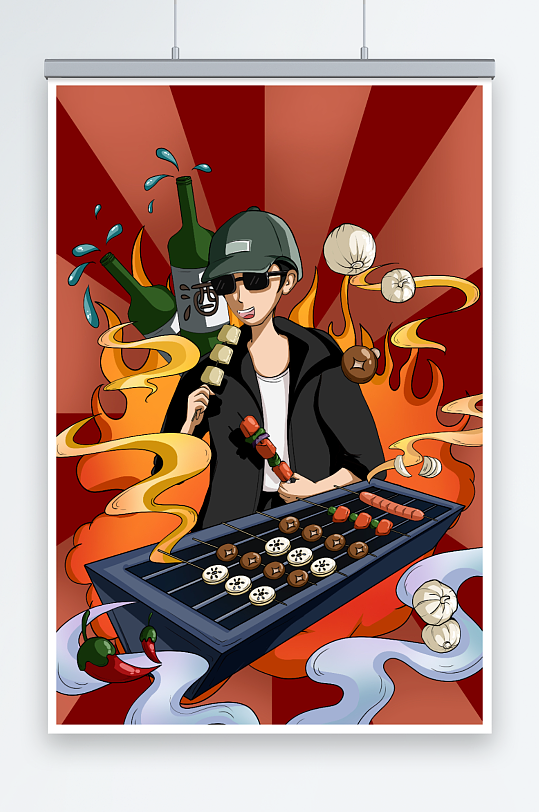 小伙烧烤撸串美食人物插画-众图网