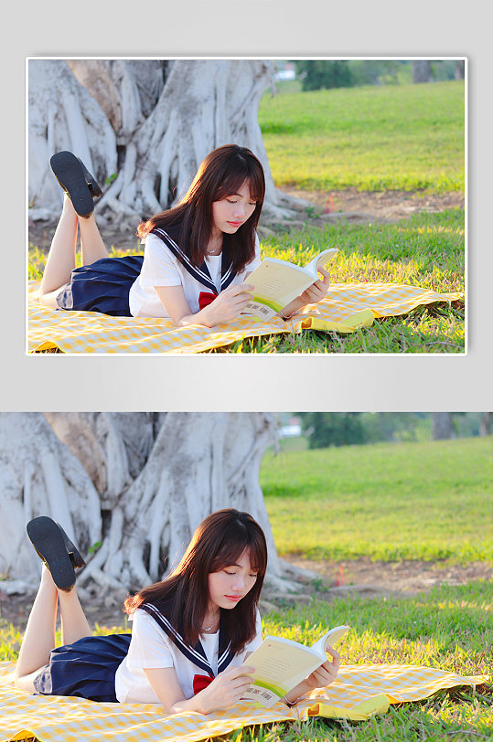 校园风开学季草坪郊游旅行学生看书女生人物摄影图