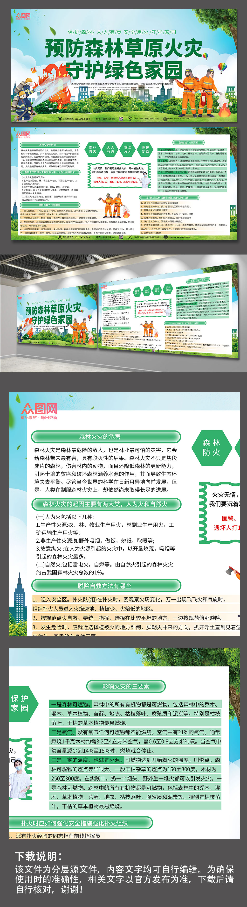绿色简约森林防火安全内容展板素材