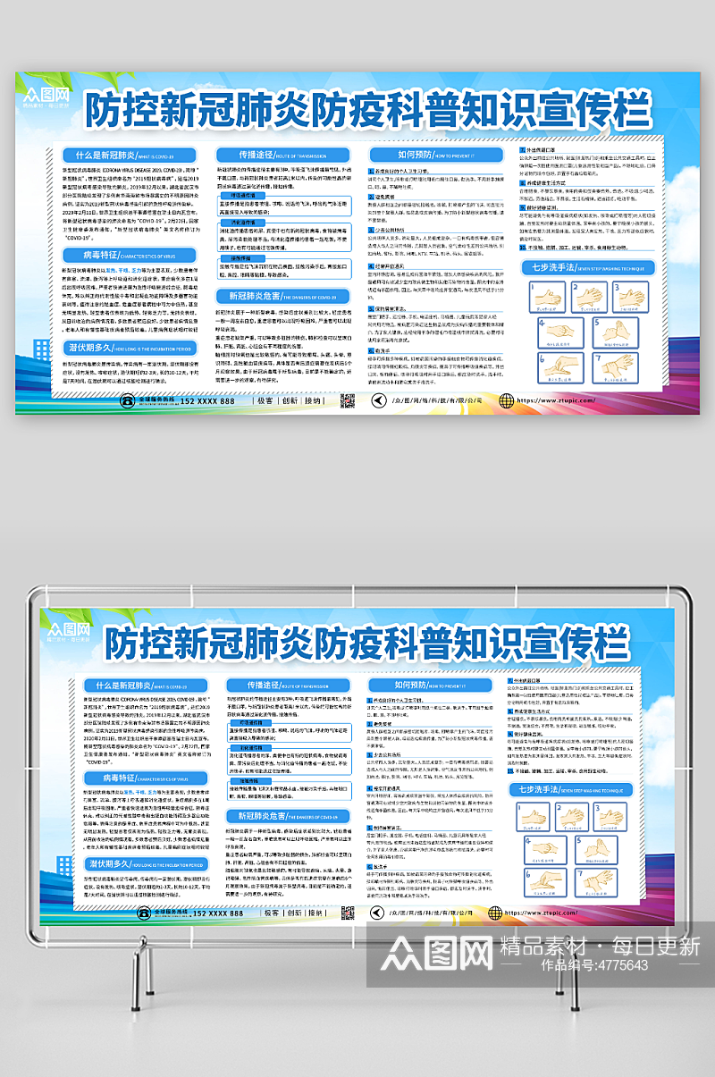 蓝色防控新冠肺炎防疫科普知识宣传栏展板素材