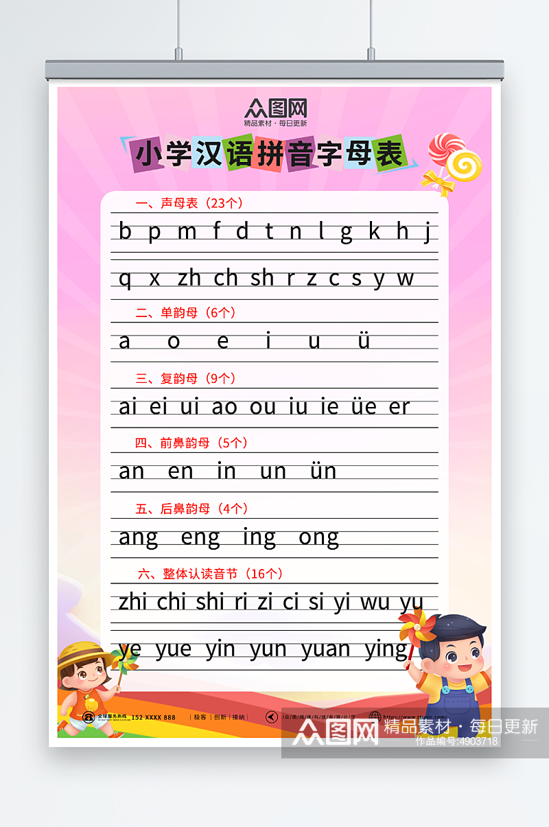 粉色幼儿识字汉语拼音挂图海报素材