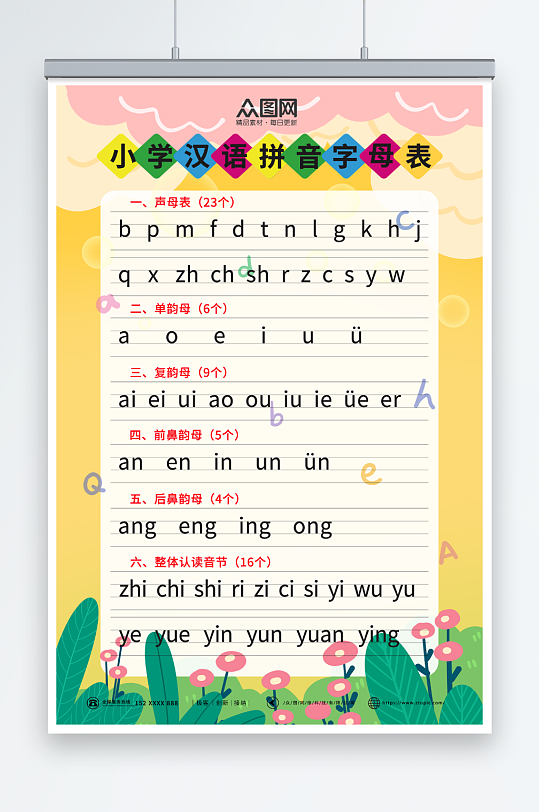 卡通幼儿识字汉语拼音挂图海报