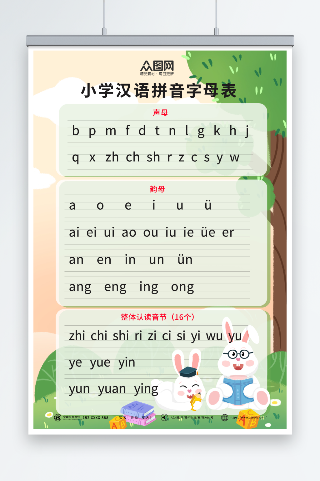 清新卡通幼儿识字汉语拼音挂图海报素材
