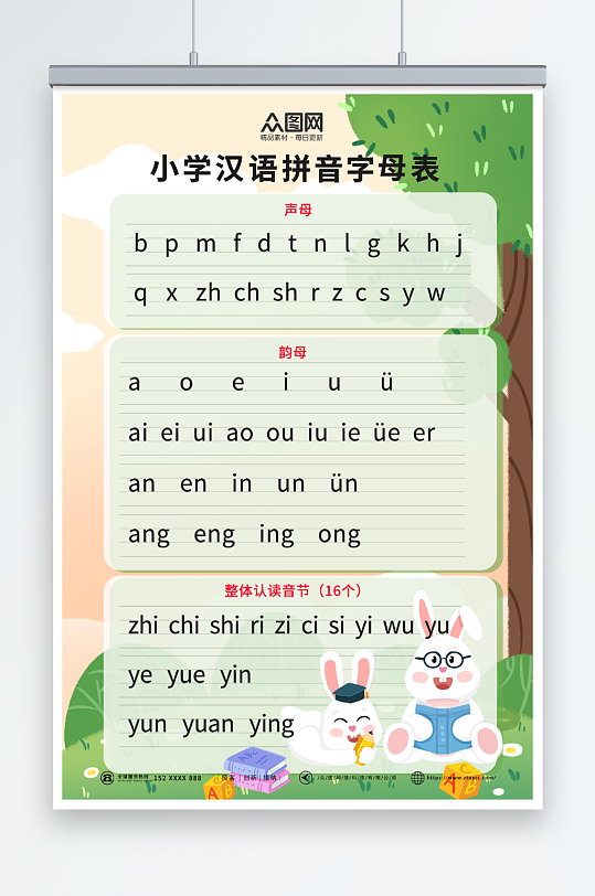 清新卡通幼儿识字汉语拼音挂图海报