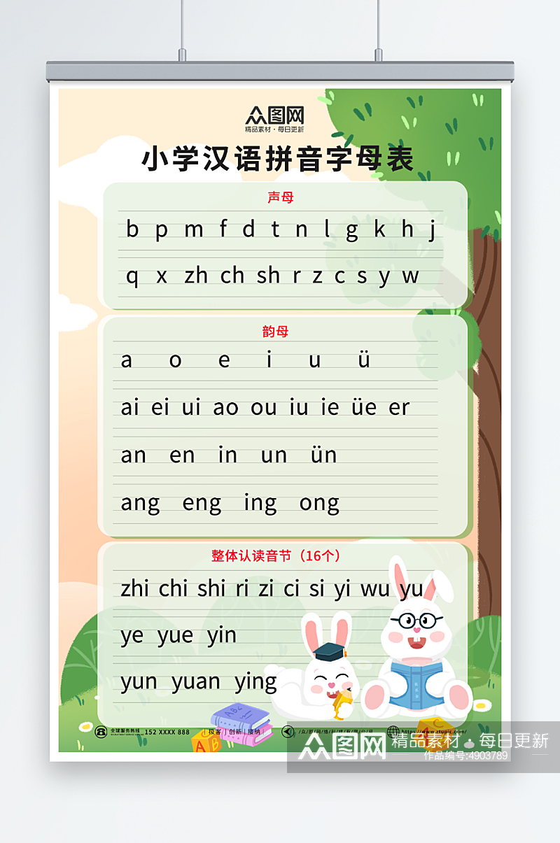 清新卡通幼儿识字汉语拼音挂图海报素材