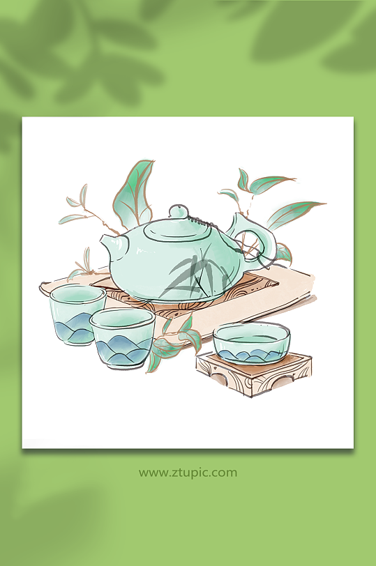 清新淡雅传统茶具元素插画