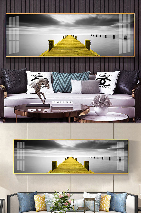 现代简约海边金色木桥黑白风景装饰画