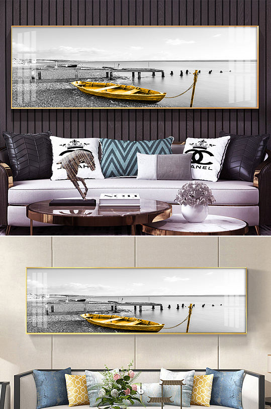 欧式风格黑白风景金色小船客厅装饰画