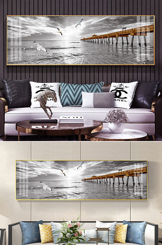 码头风景黑白大海装饰画