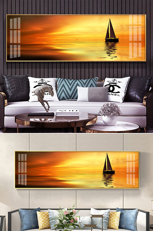 海上帆船夕阳装饰画