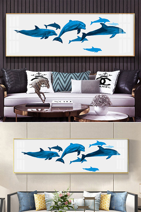 手绘蓝色海豚装饰画