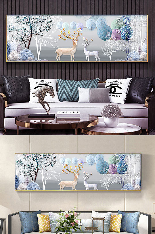 欧式玉雕麋鹿装饰画横幅