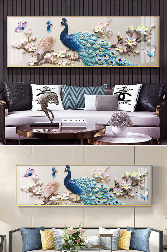 国画孔雀家和富贵装饰画-众图网