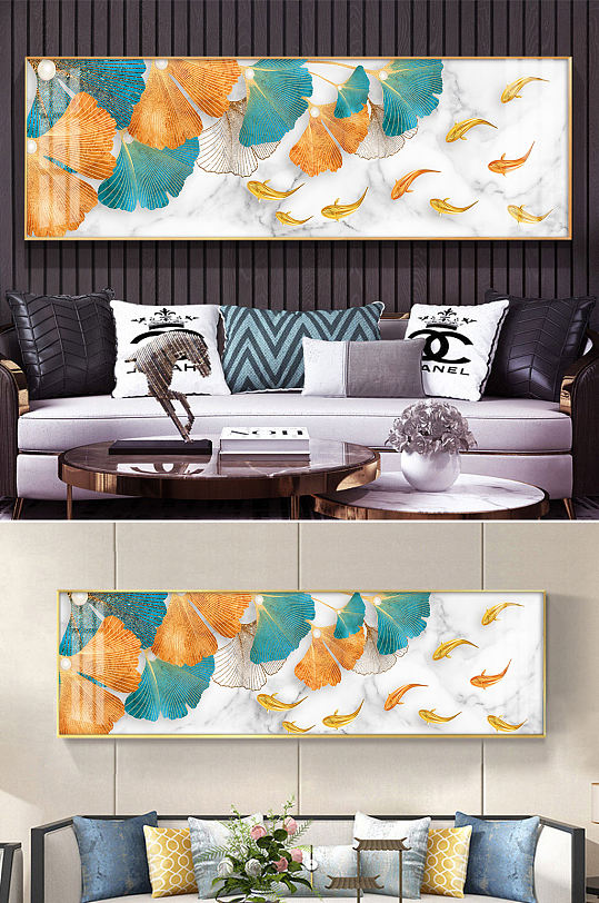 银杏叶九鱼图金鱼鲤鱼年年有鱼装饰画-众图网