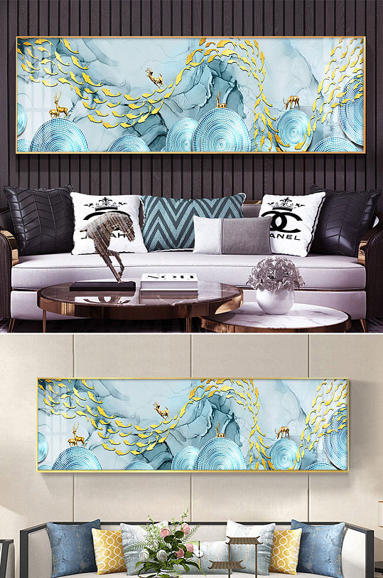 金色麋鹿鱼群山水装饰画