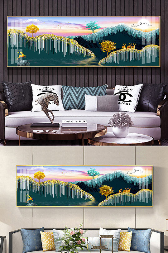 金色麋鹿山水艺术晶瓷画