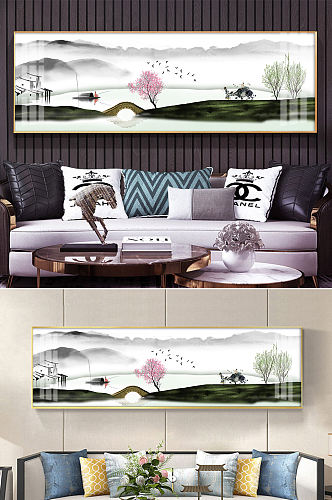 新中式抽象意境飞鸟水墨山水湖泊树木装饰画