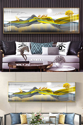 金色丝带麋鹿意境山水装饰画
