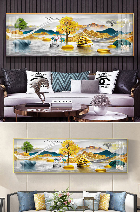 一帆风顺金色麋鹿意境山水装饰画-众图网