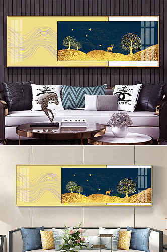 金色麋鹿意境山水玄关装饰画