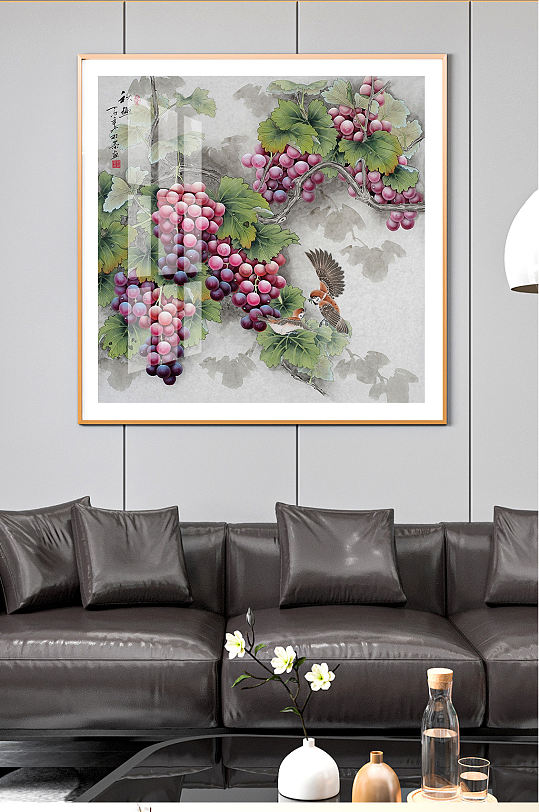 中式葡萄飞鸟装饰画-众图网