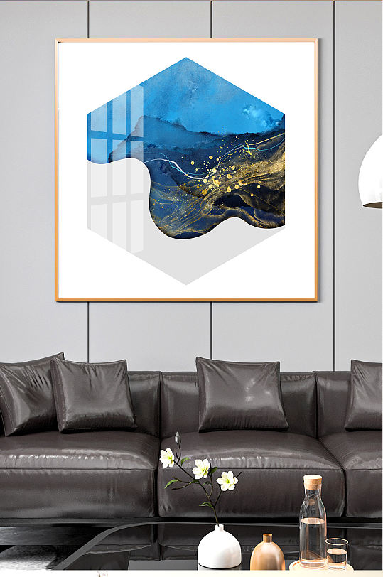 现代艺术轻奢抽象鎏金水墨六角形三联装饰画