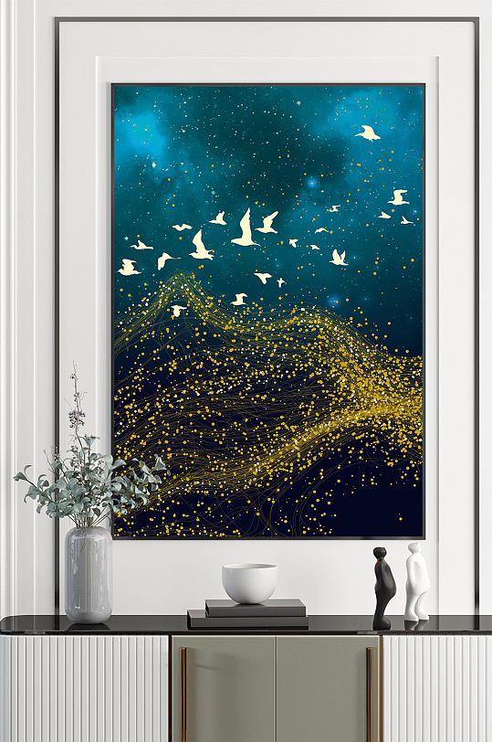 抽象飞鸟线条晕染纹理鎏金色块装饰画