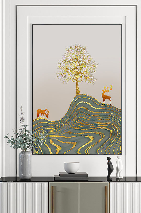 金色线条麋鹿意境山水装饰画