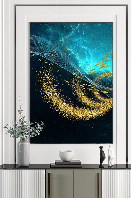 金色游鱼飘带艺术装饰画
