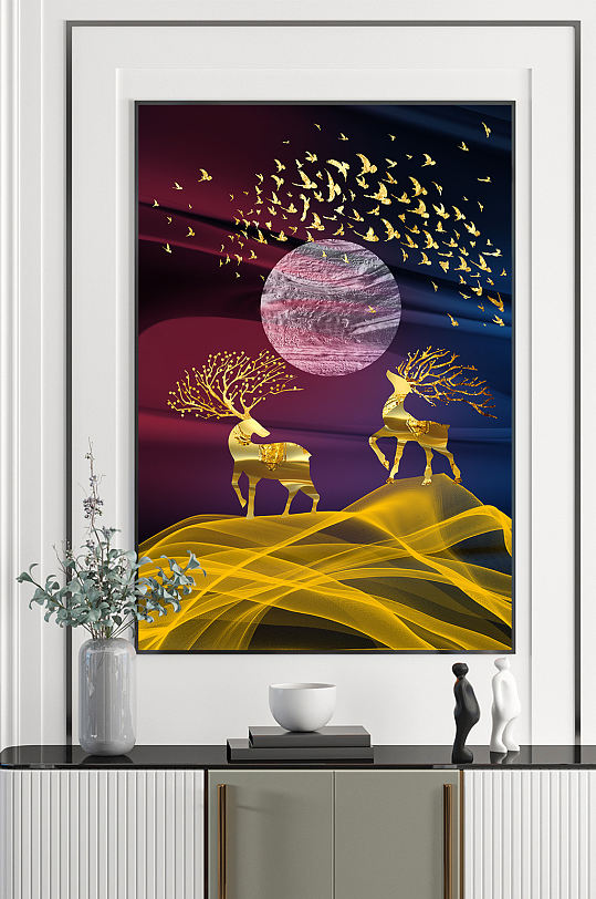 金色麋鹿玄关装饰画-众图网