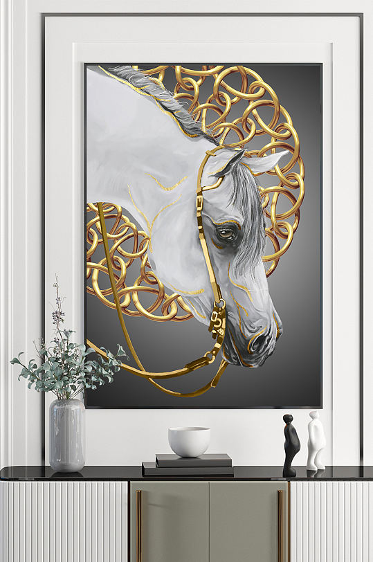 金手绘骏马抽象几何金色羽毛三联装饰画