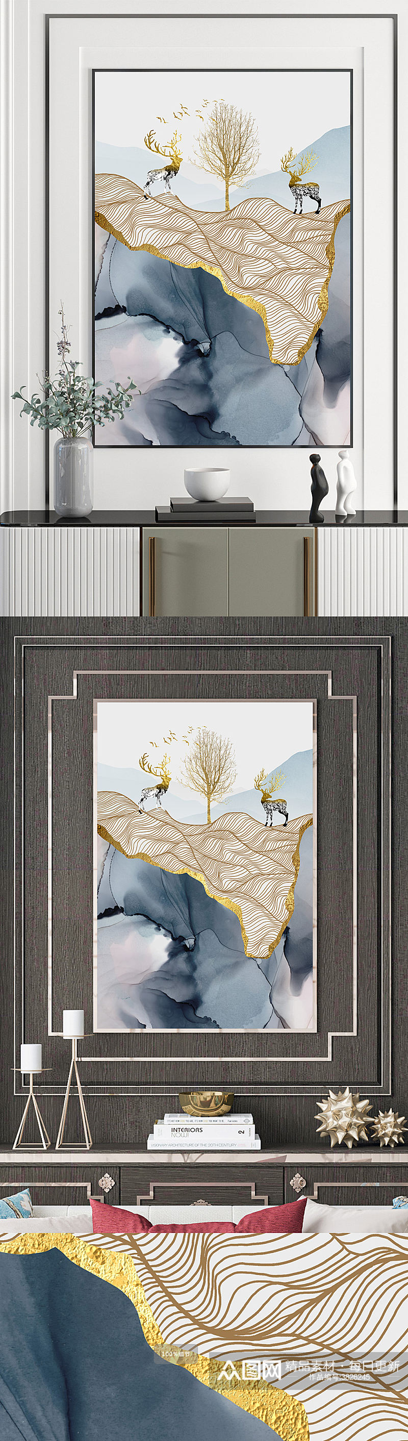 线条麋鹿意境山水装饰画素材