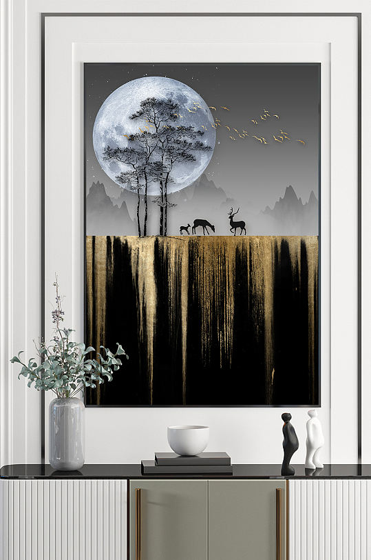 中式金色麋鹿意境山水装饰画