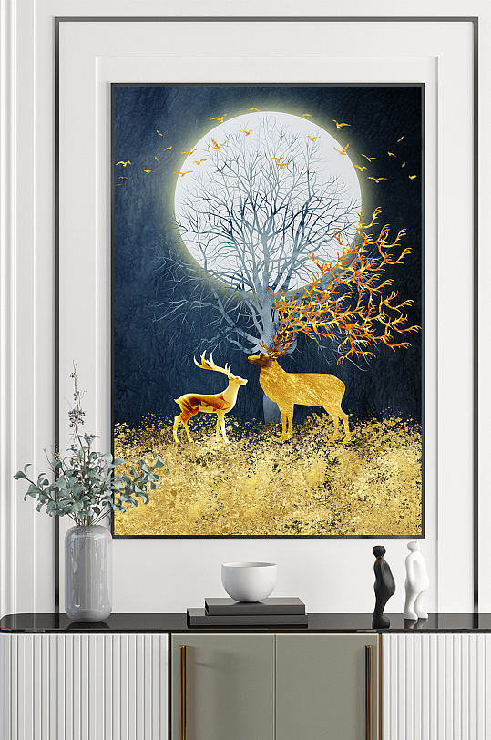 麋鹿发财树月亮装饰画