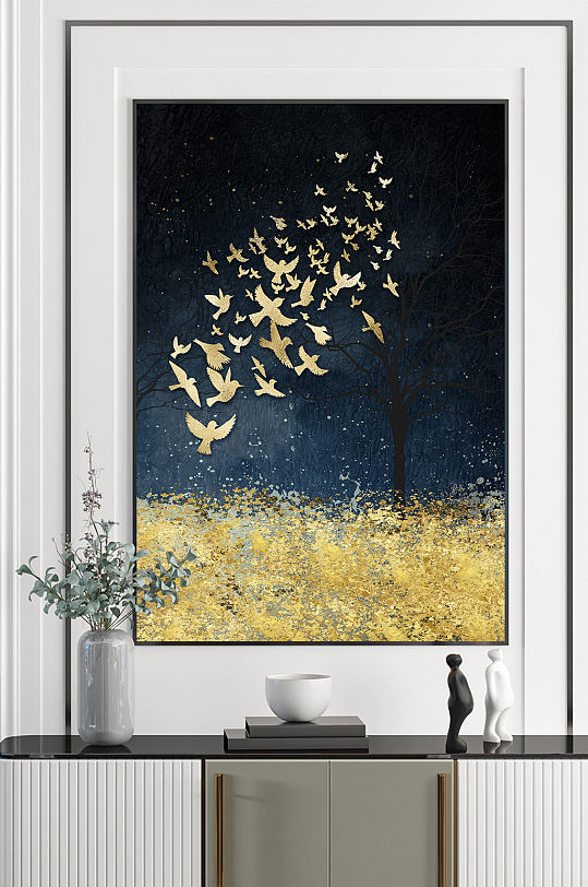 金色飞鸟金箔装饰画