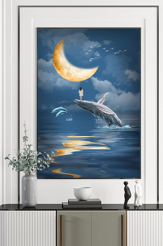 月亮鲸鱼艺术装饰画