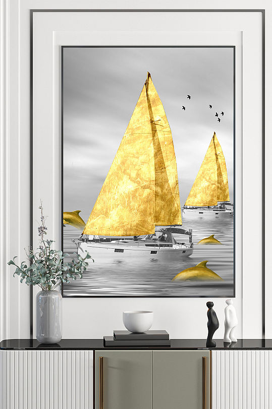 海滩金色帆船一帆风顺装饰画