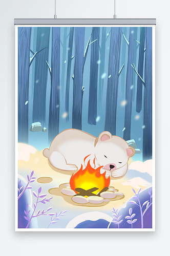 蓝色冬季白熊温暖动物插画