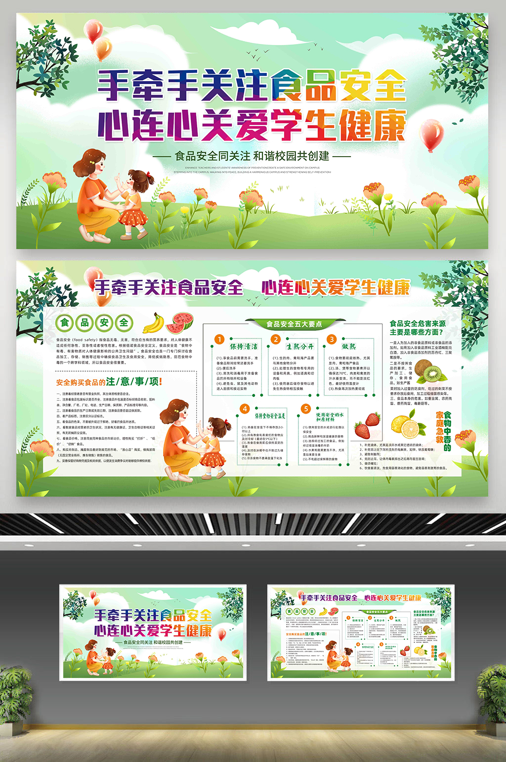 簡(jiǎn)約綠色校園食品安全展板素材