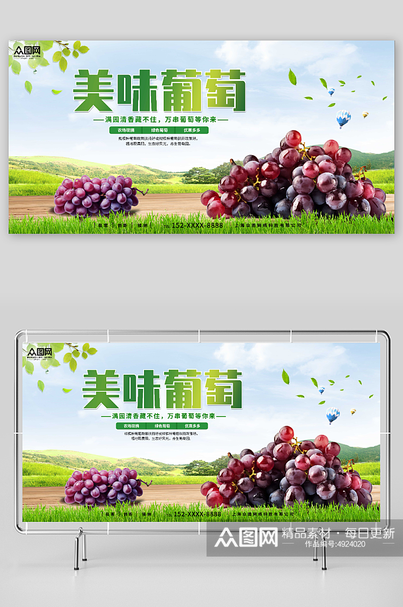 农场现摘美味葡萄青提水果宣传展板素材