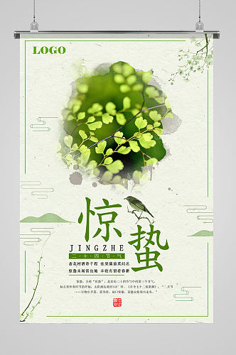 中国传统节气绿色清新惊蛰节气海报