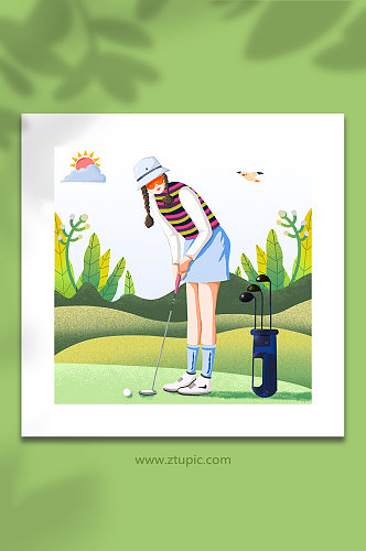 扁平化女孩打高尔夫运动插画