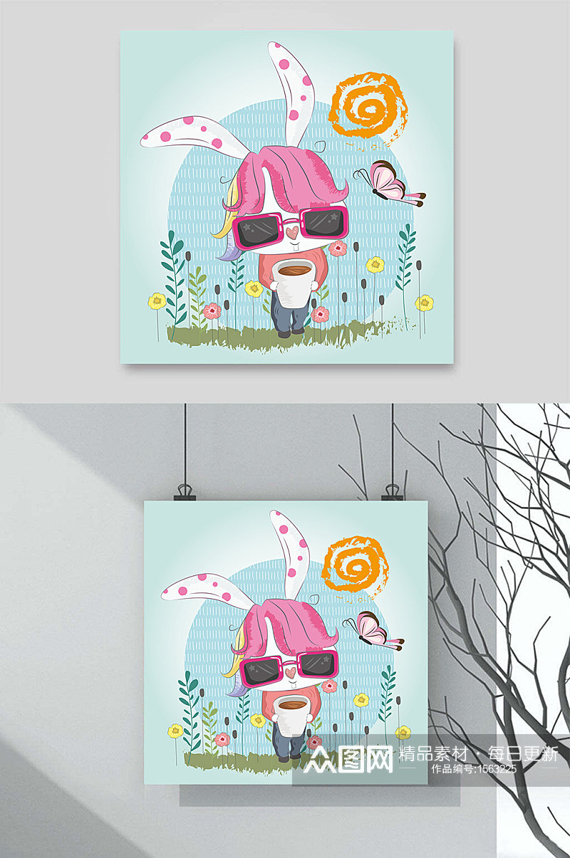 兔子草地蝴蝶卡通动物插画元素素材