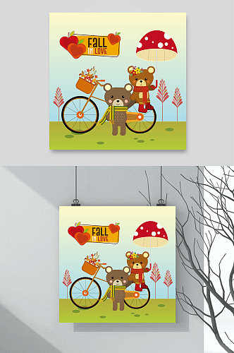 自行车小熊卡通动物插画元素