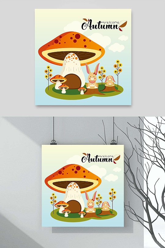 可爱小兔子蘑菇卡通动物插画元素