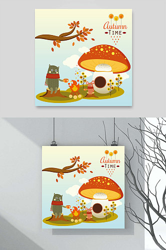 可爱小猫咪蘑菇屋卡通动物插画元素